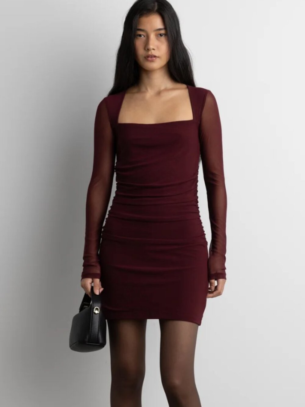 Oak + Fort Ruched Waist Square Neck Mini Dress - Wine